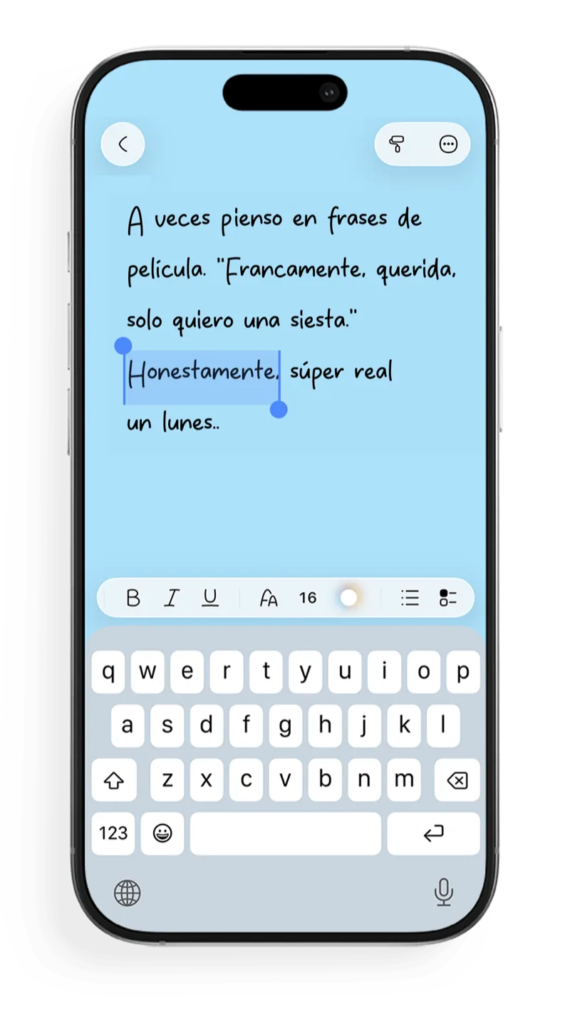 Editor de FontNotes con fuente manuscrita y barra de formato