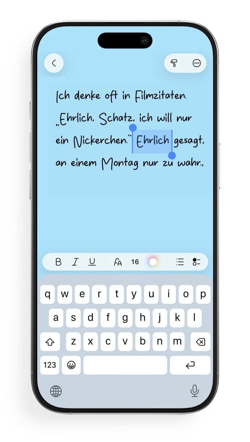 FontNotes-Editor mit Handschrift und Formatierungsleiste