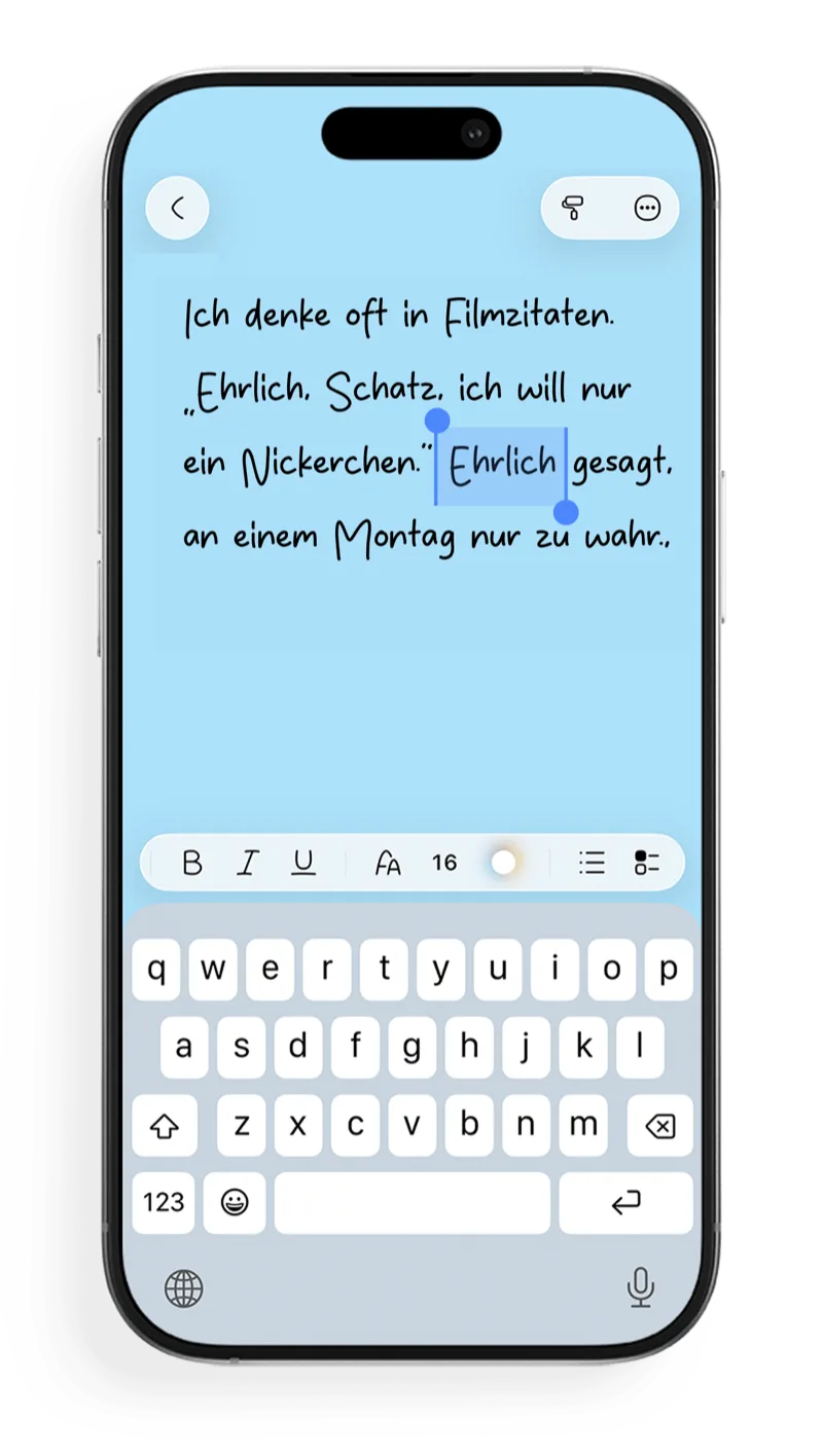FontNotes-Editor mit Handschrift und Formatierungsleiste