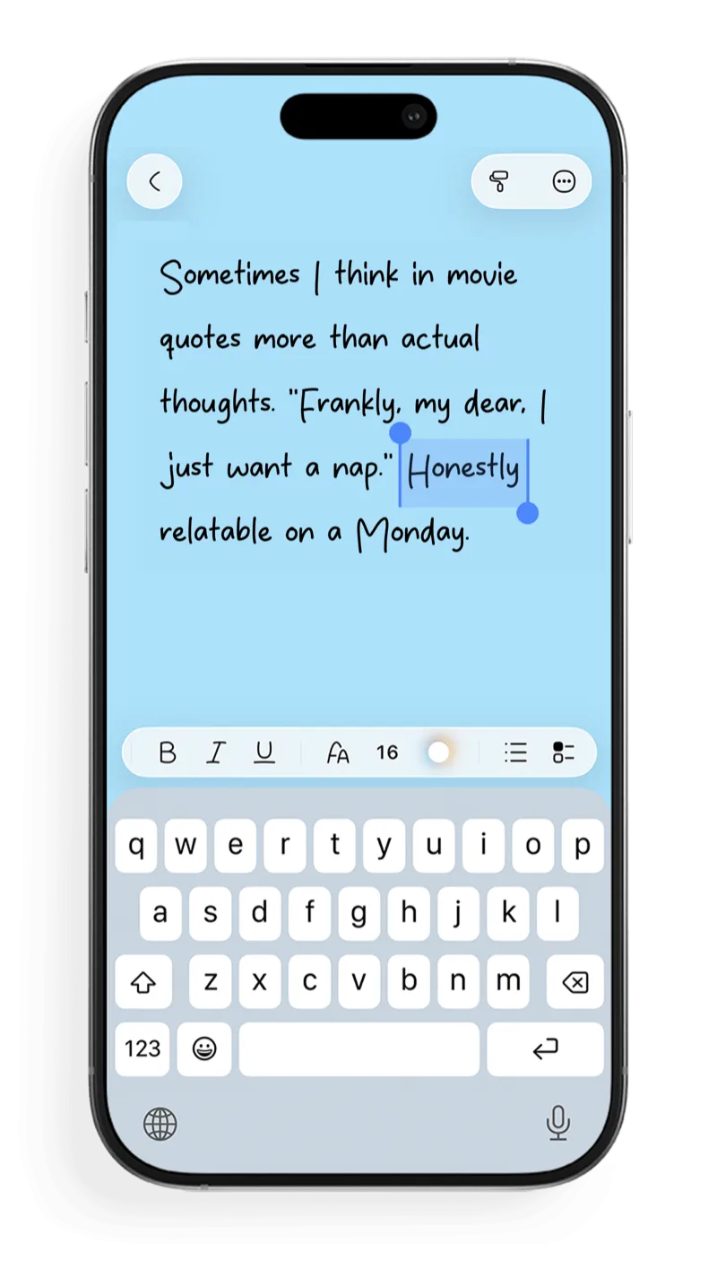 FontNotes editor with handwritten font and formatting toolbar