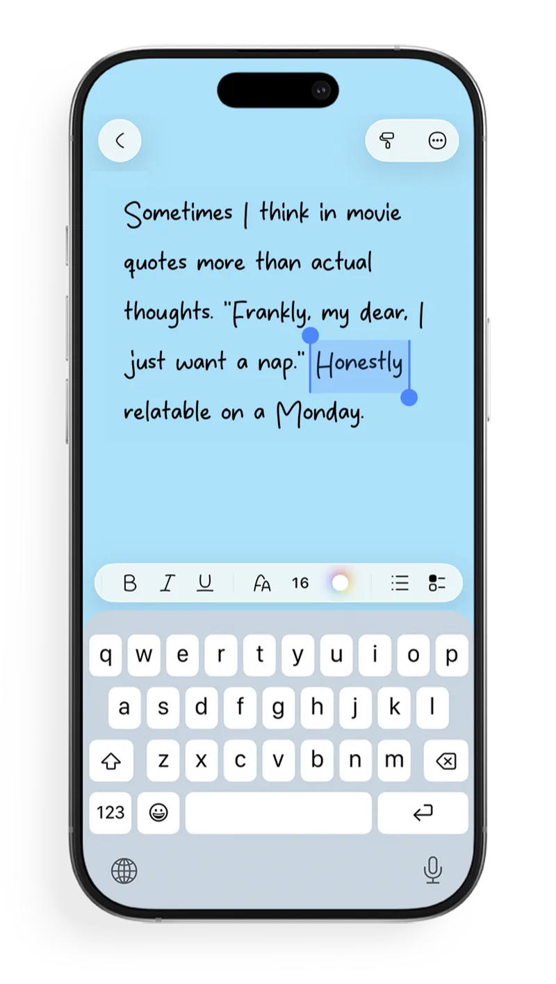 FontNotes editor with handwritten font and formatting toolbar