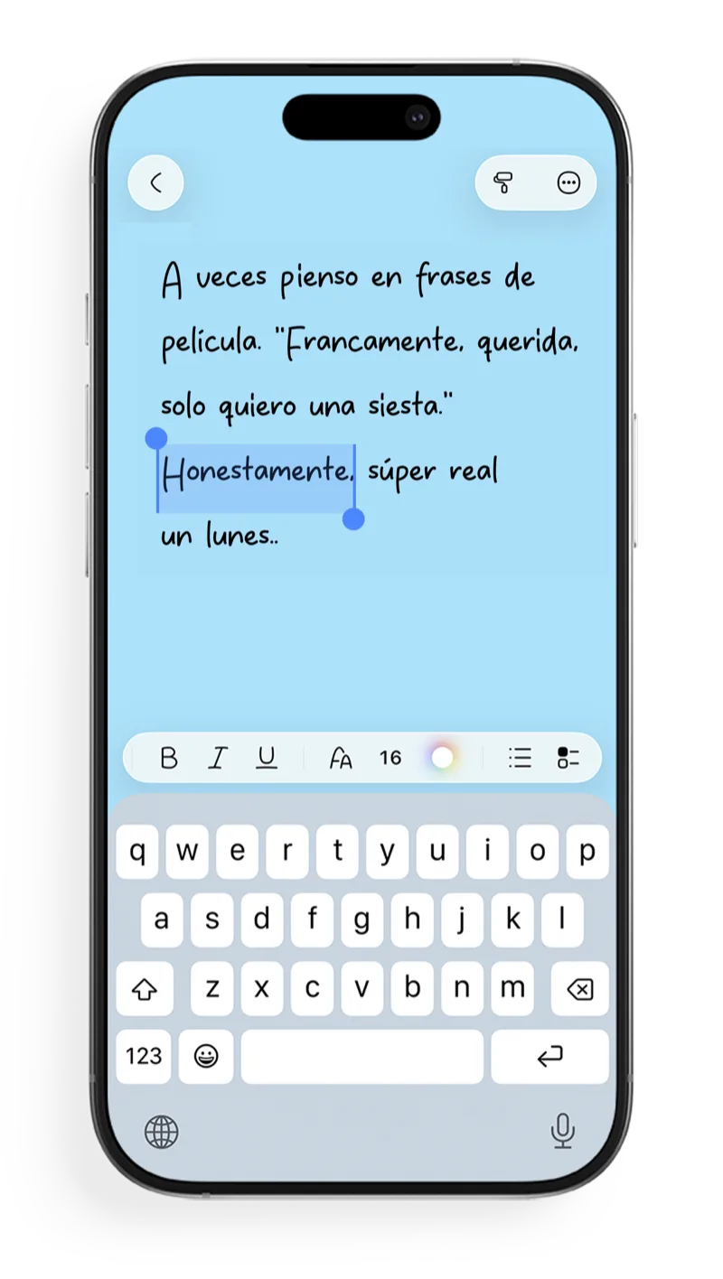 Editor de FontNotes con fuente manuscrita y barra de formato