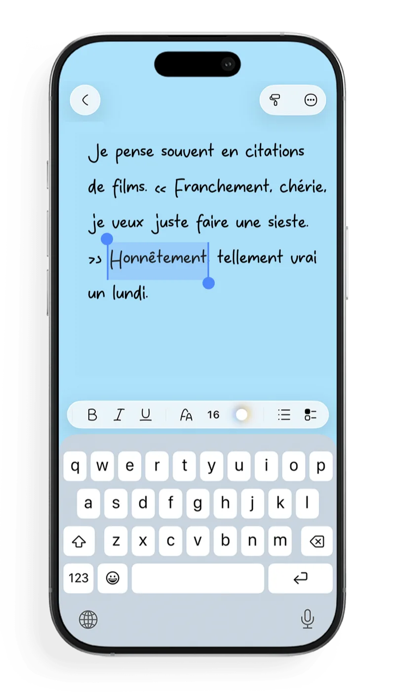 Éditeur FontNotes avec police manuscrite et barre de mise en forme