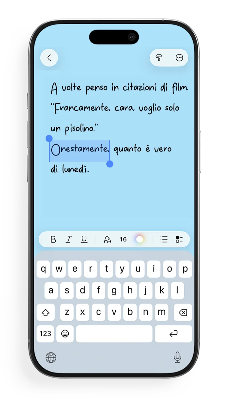 Editor FontNotes con font manoscritto e barra di formattazione
