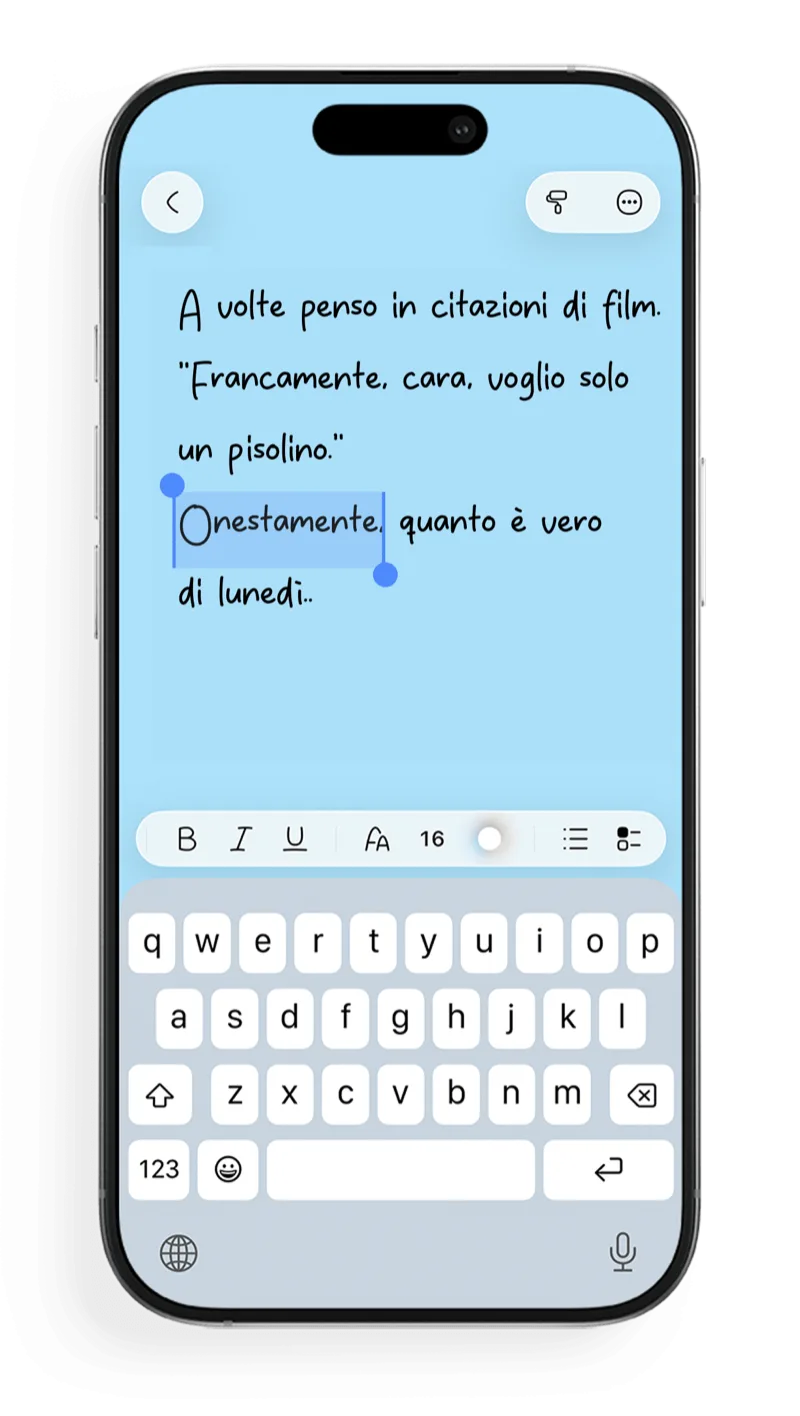 Editor FontNotes con font manoscritto e barra di formattazione