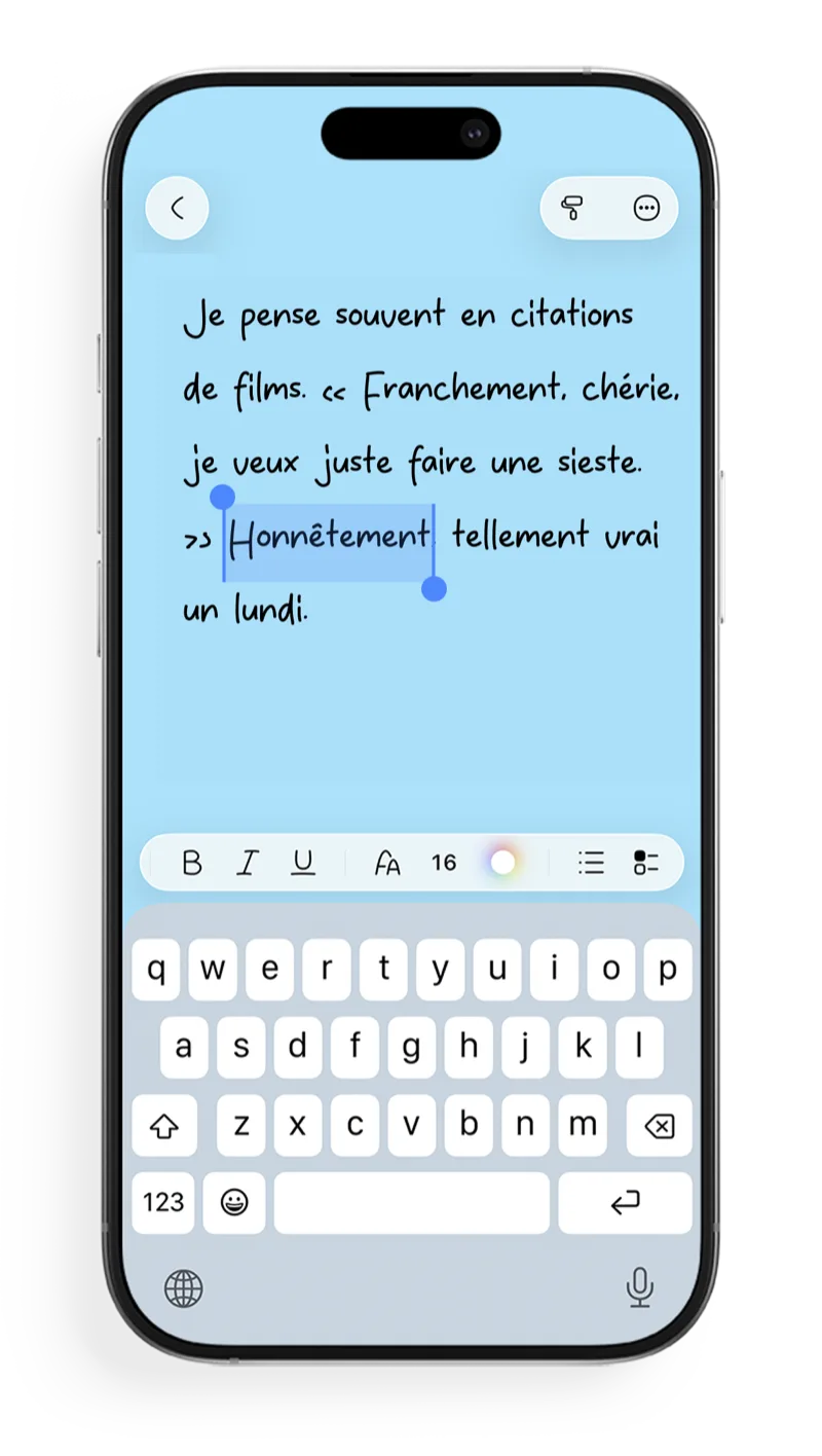 Éditeur FontNotes avec police manuscrite et barre de mise en forme
