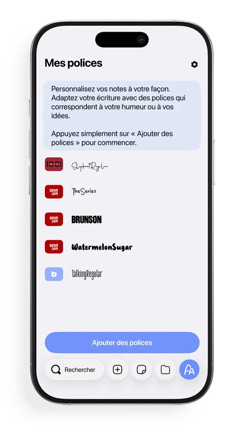 Écran Mes polices de FontNotes pour parcourir et importer des polices