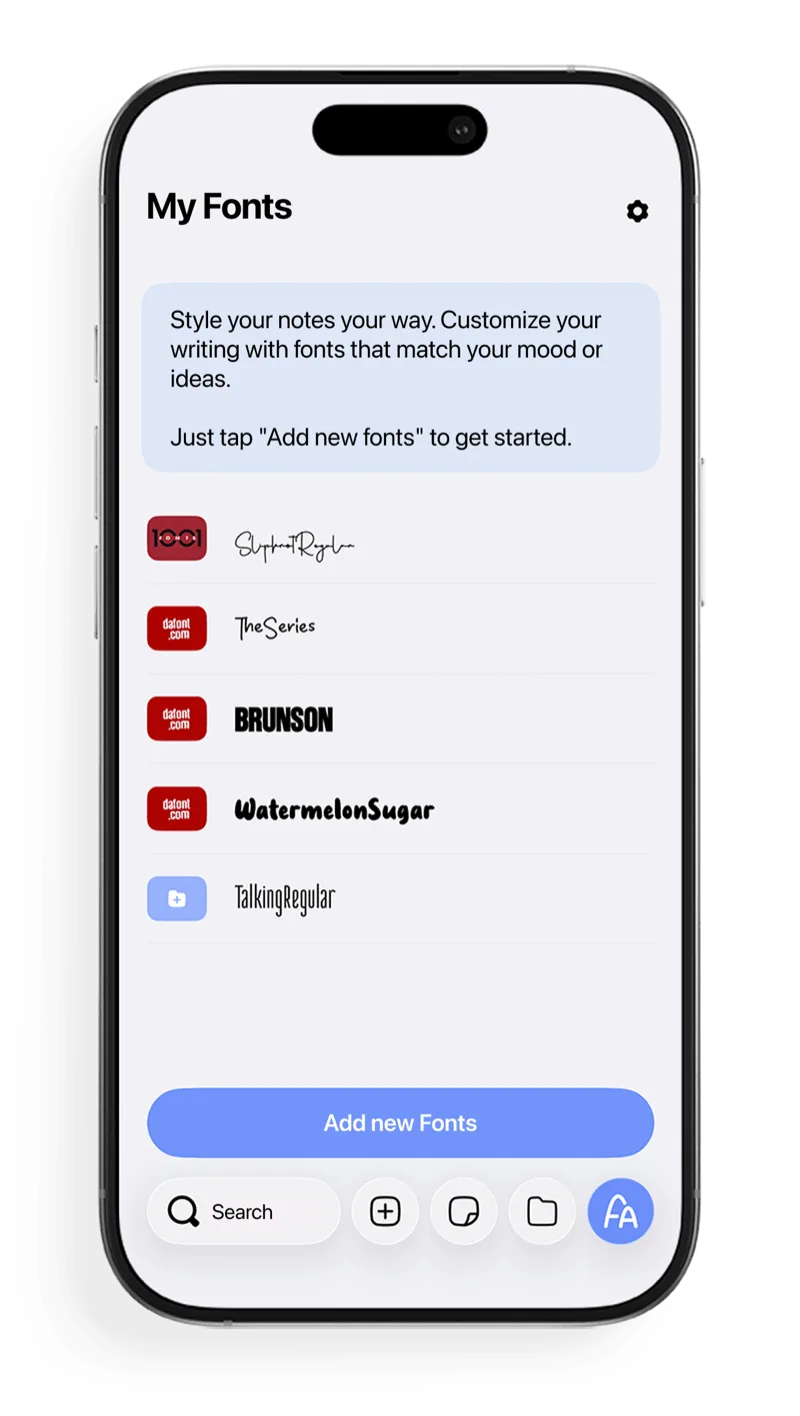FontNotes My Fonts screen for browsing and importing fonts