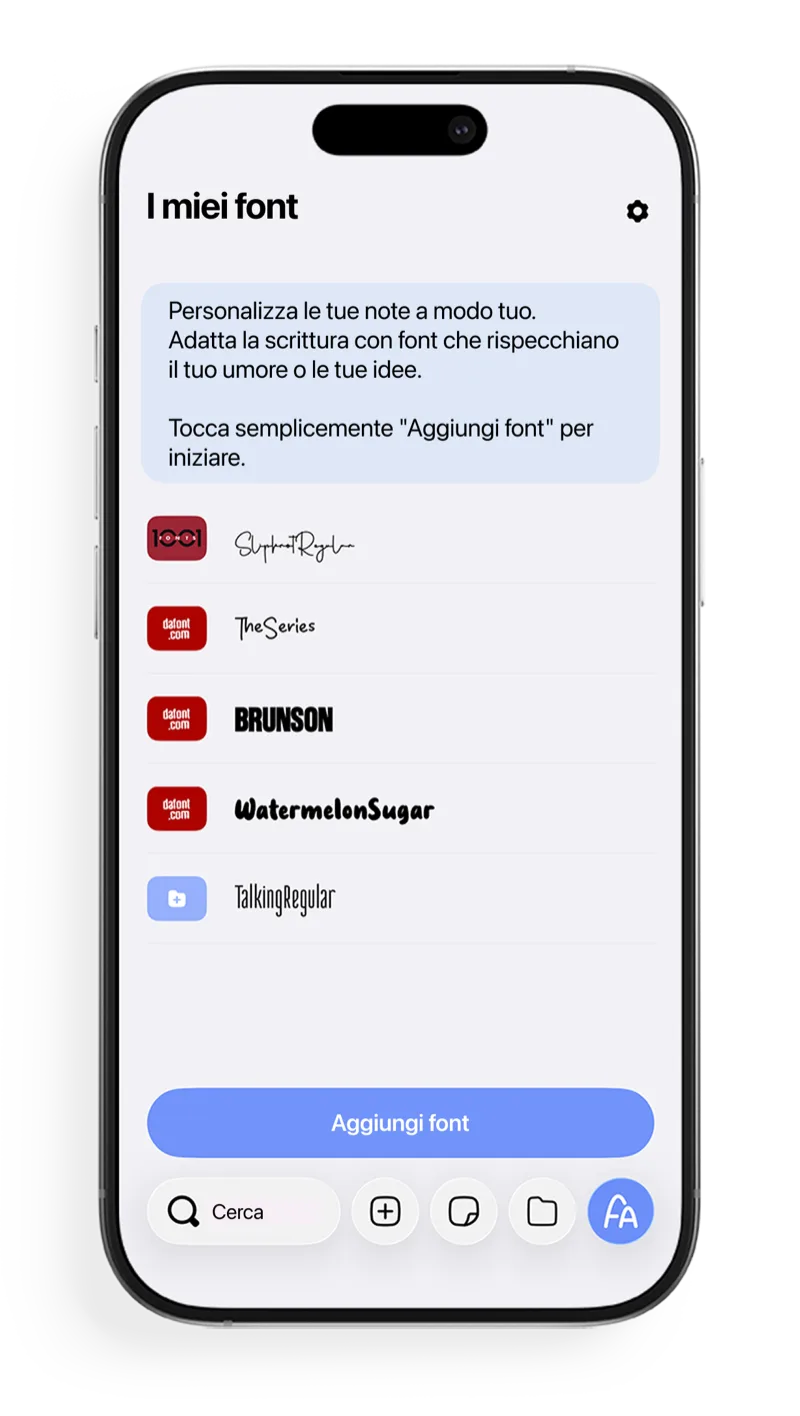 Schermata I miei font di FontNotes per sfogliare e importare font