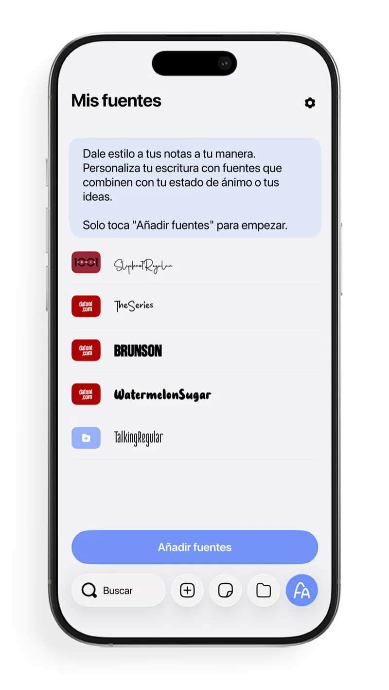 Pantalla Mis fuentes de FontNotes para explorar e importar fuentes