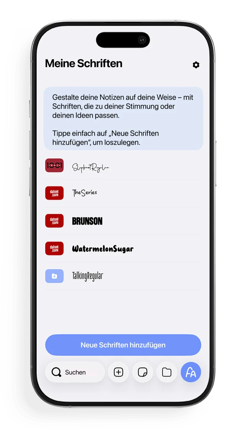 FontNotes-Bildschirm Meine Schriften zum Durchsuchen und Importieren