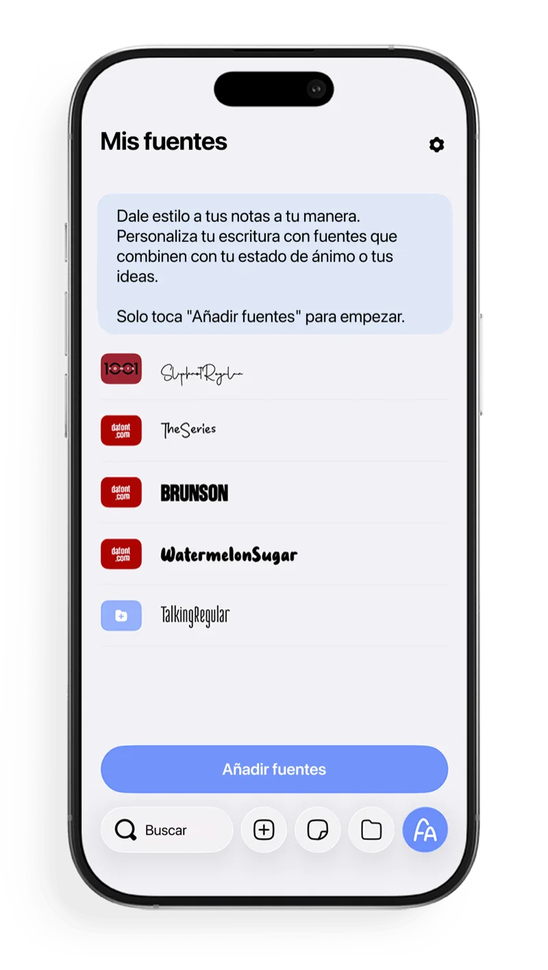 Pantalla Mis fuentes de FontNotes para explorar e importar fuentes