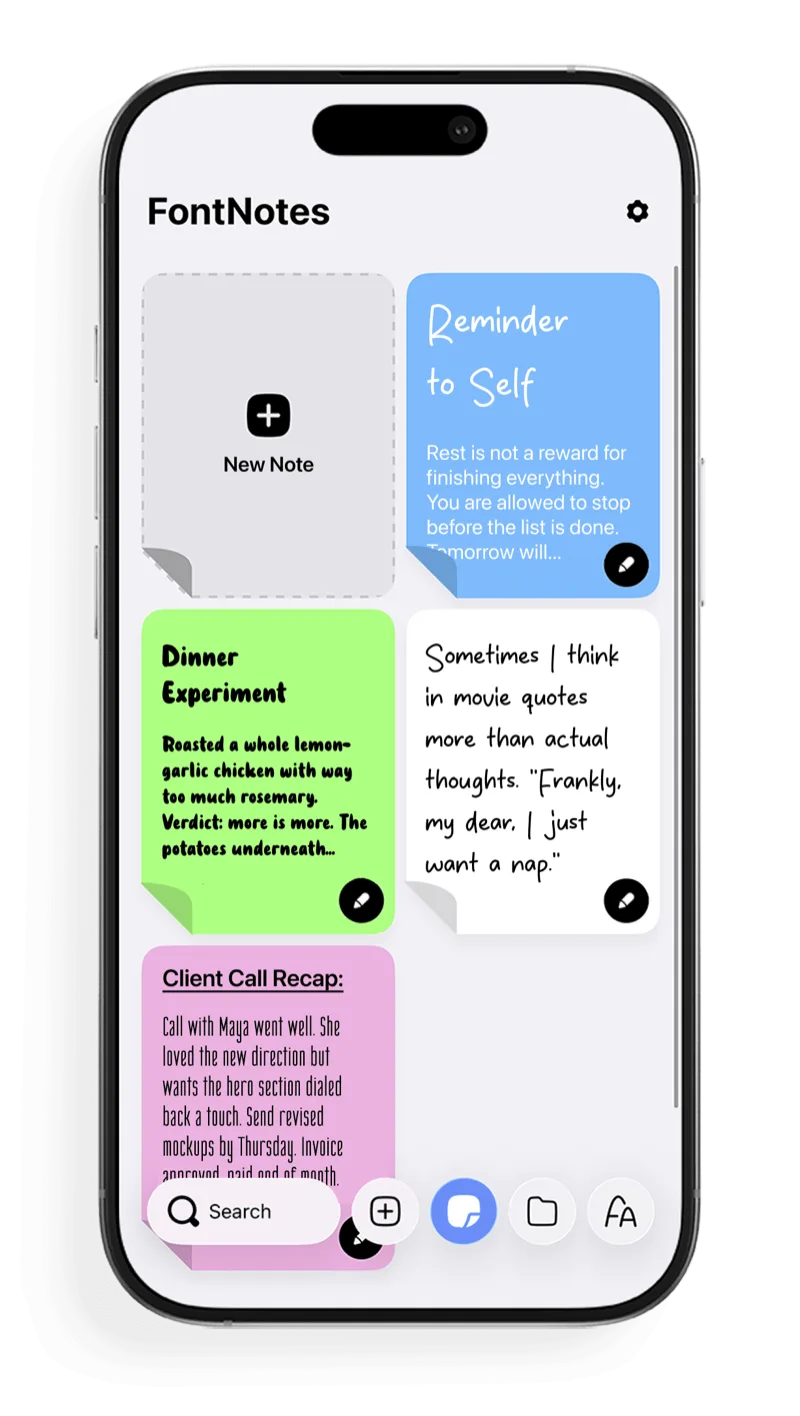 FontNotes home screen with colorful styled notes