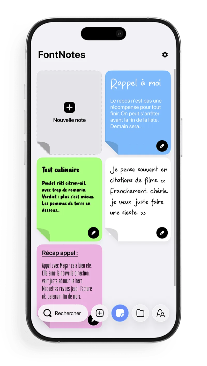 Écran d'accueil FontNotes avec des notes colorées et stylisées