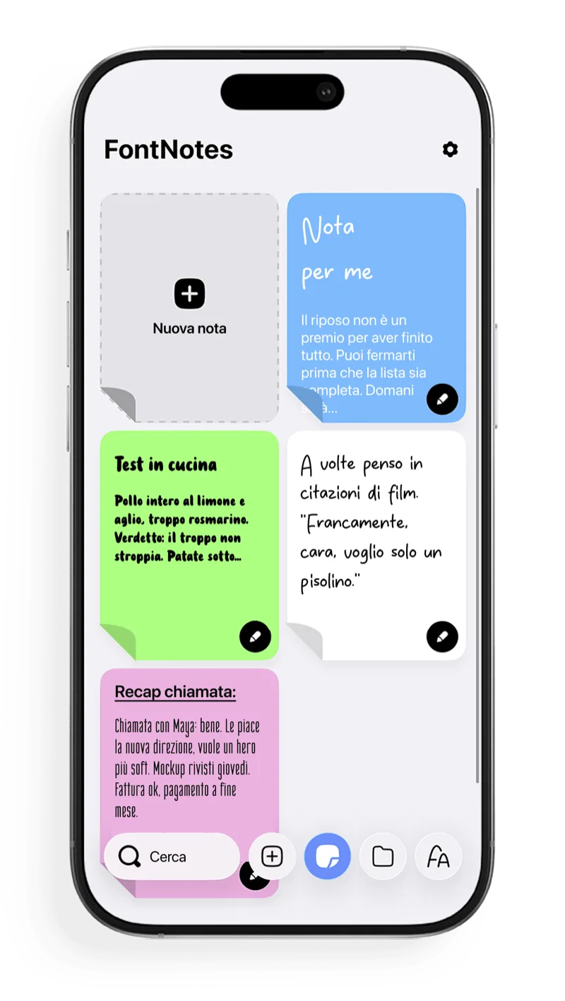 Schermata home di FontNotes con note colorate e stilizzate