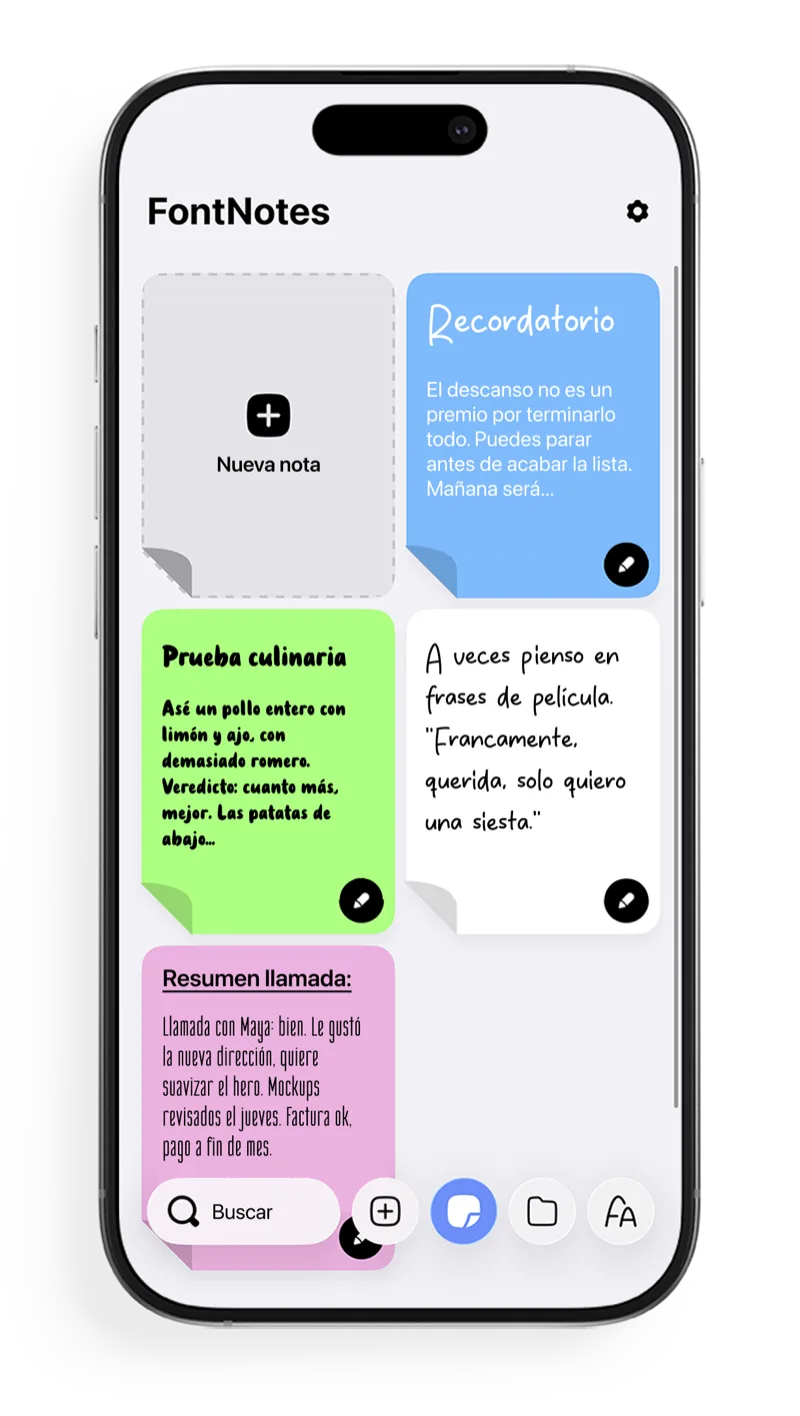 Pantalla de inicio de FontNotes con notas coloridas y con estilo