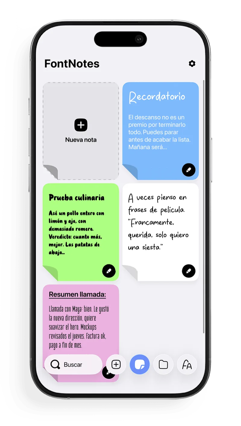 Pantalla de inicio de FontNotes con notas coloridas y con estilo