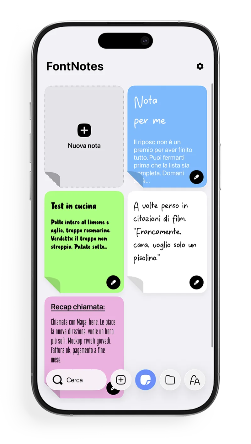 Schermata home di FontNotes con note colorate e stilizzate