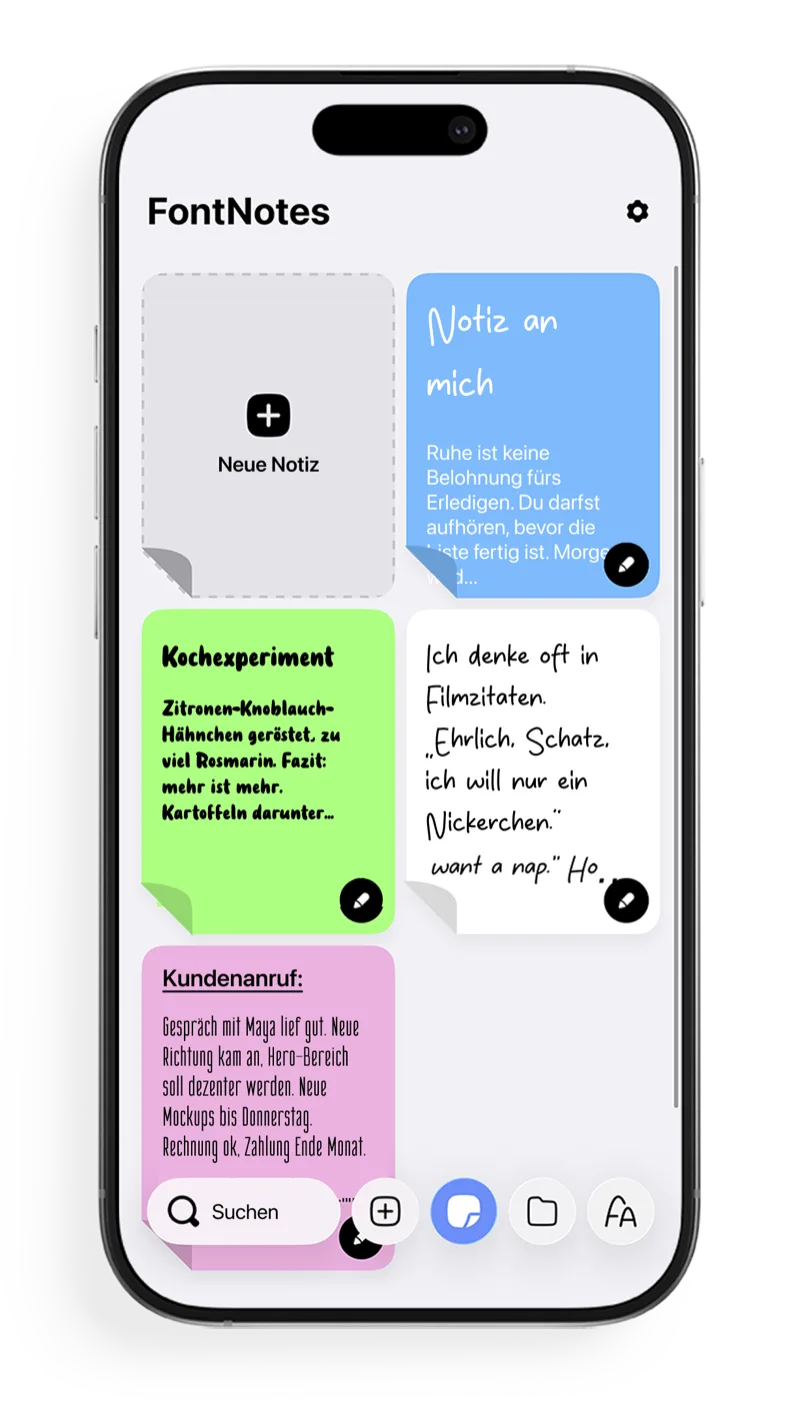 FontNotes-Startbildschirm mit bunten, gestylten Notizen