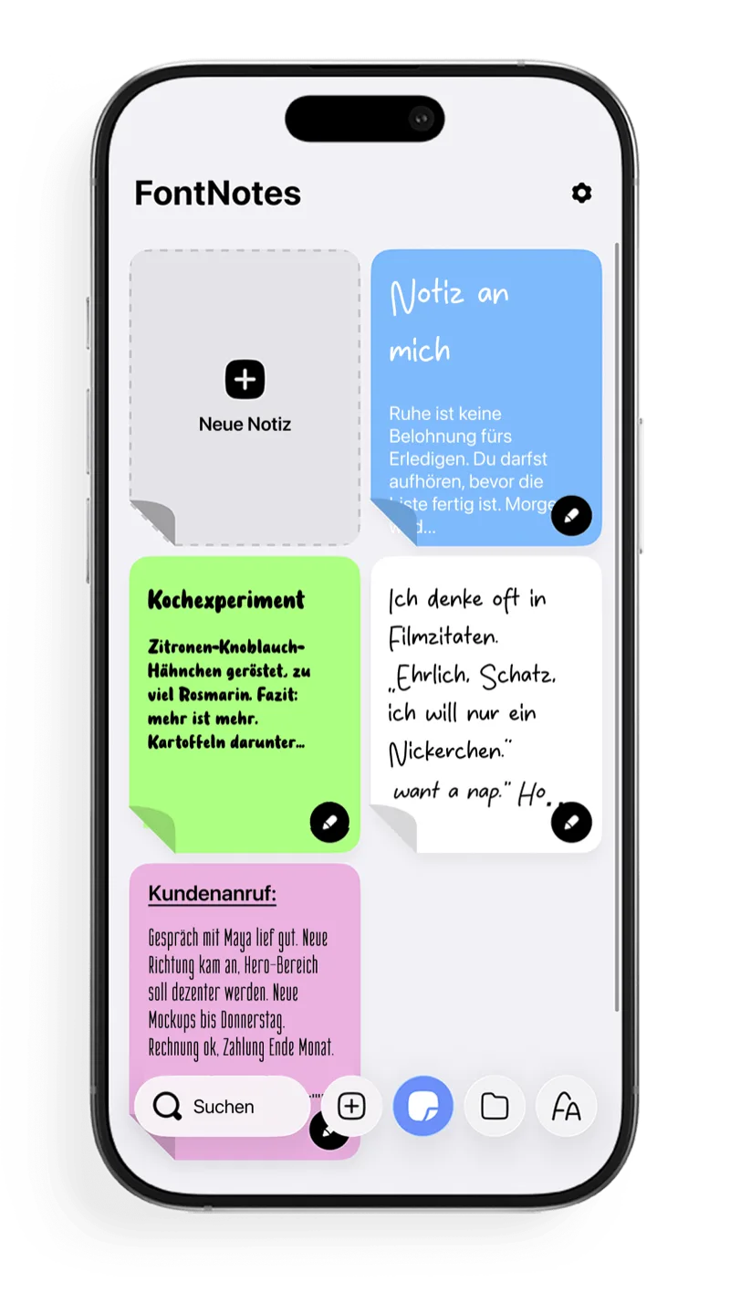 FontNotes-Startbildschirm mit bunten, gestylten Notizen