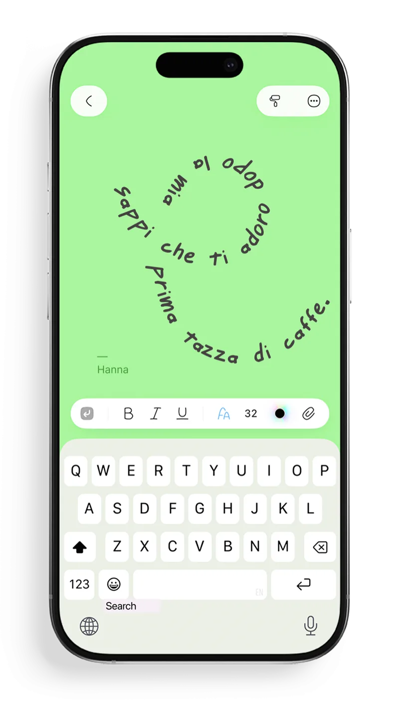Funzione Testo su tracciato di FontNotes che mostra una frase che scorre lungo un percorso a spirale disegnato a mano