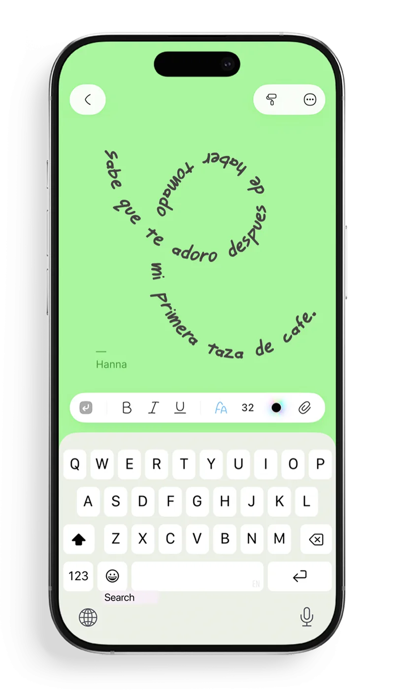 Función Texto en ruta de FontNotes mostrando una frase que fluye a lo largo de un trazado en espiral dibujado a mano