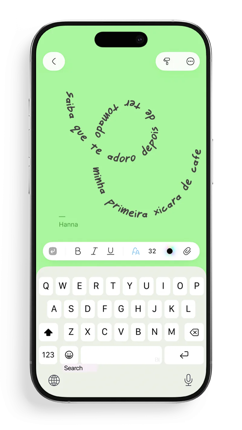Recurso Texto no caminho do FontNotes mostrando uma frase fluindo ao longo de um caminho em espiral desenhado à mão